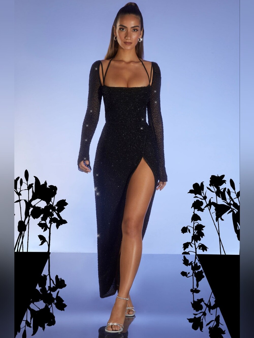 Oh Polly Champel Embellished Cowl Neck Maxi Dress in Black - Picture 6 of 15